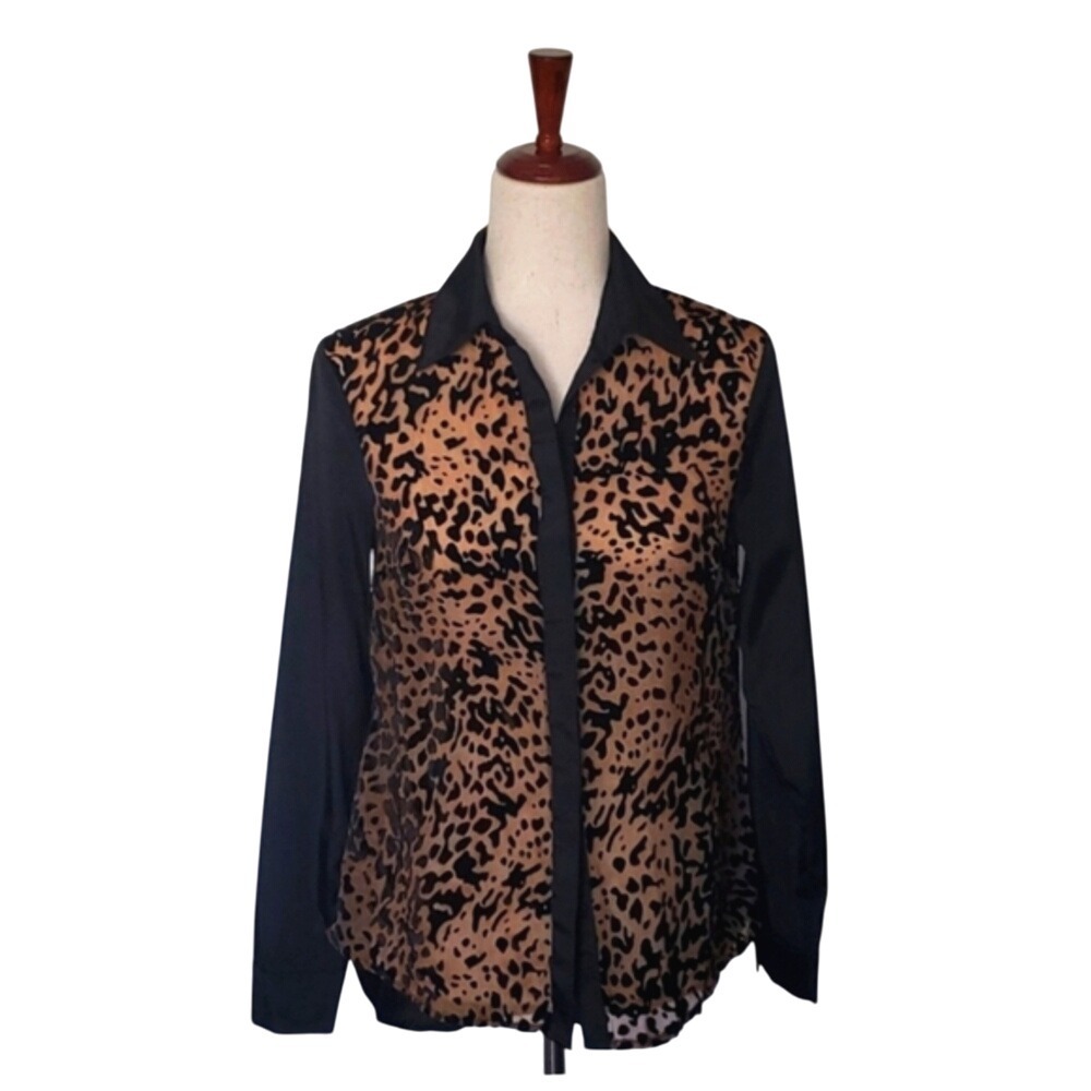 Ark & Co Animal Print Burnout Black & Tan Blouse Size Small